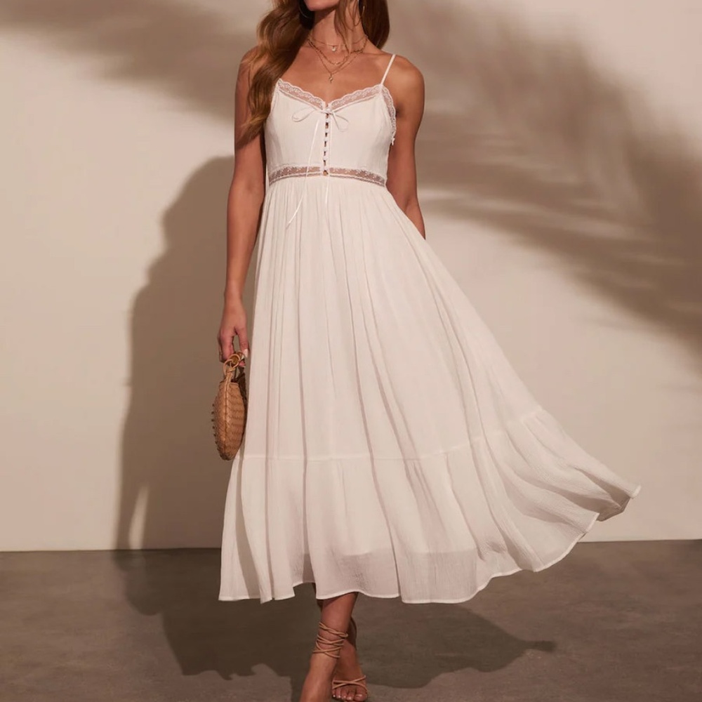 Vici White Lace-Trim Midi Dress